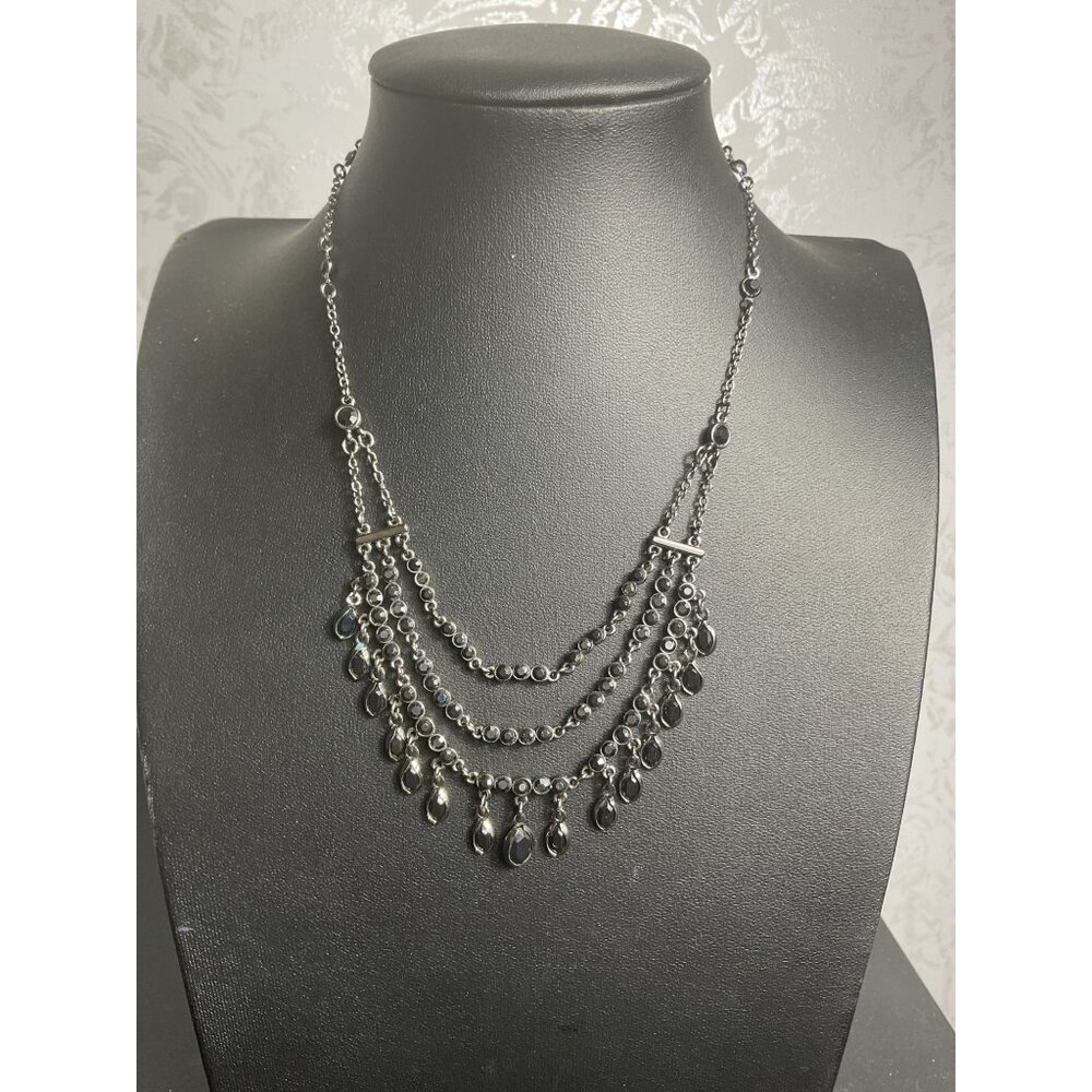 Vintage Silver-Tone Black Stone Multi-Layer Necklace With Adjustable Chain